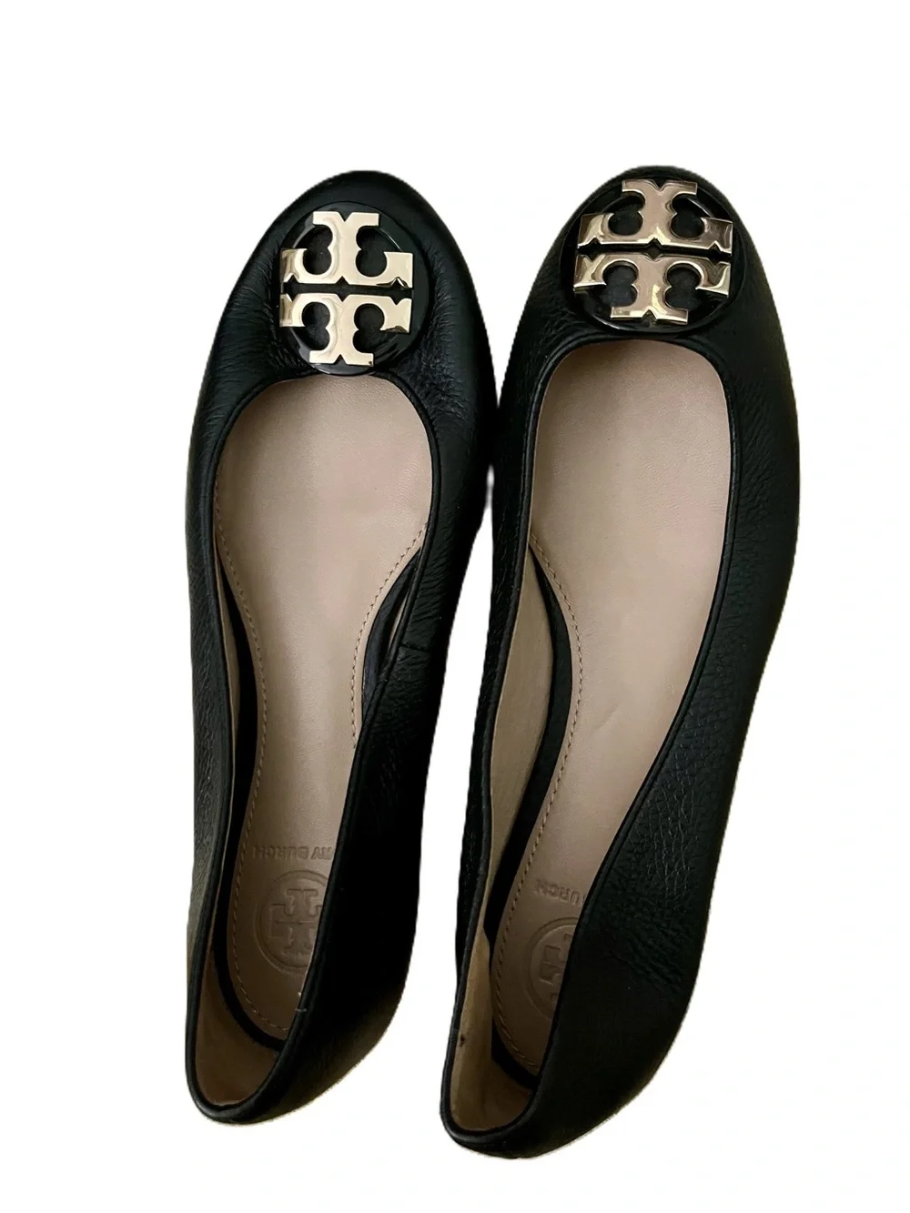 Tory Burch Claire Ballet Flats Size 6 Black Leather Gold Logo